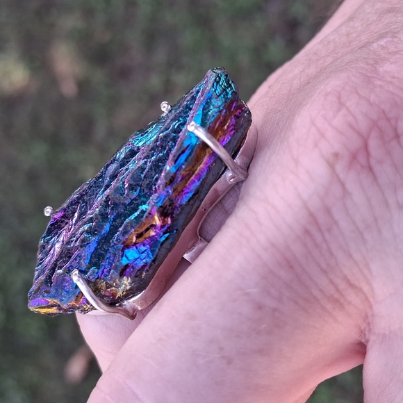New Rough Rainbow Titanium Crystal Quartz 925 Silver Statement Ring. - Picture 9 of 15